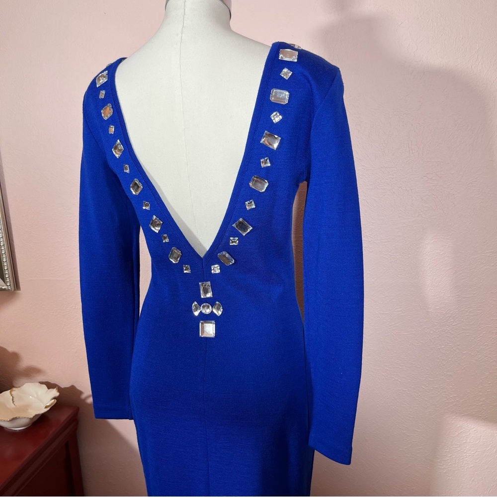 Vintage 1990 body con Low Back Art deco Royal Blue Long Sleeve wool Knit Dress S